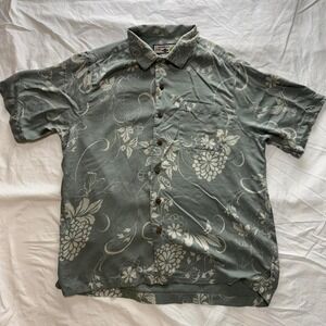 Caribbean Joe Shirt Men's 100% Silk Green Hawaiian Button Up Shirt Sz S